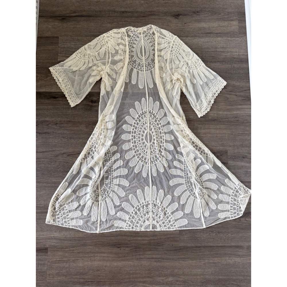 Rebellion Lace Kimono Cardigan Ivory Embroidered Duster Boho Cover-Up Size Small - Picture 5 of 11